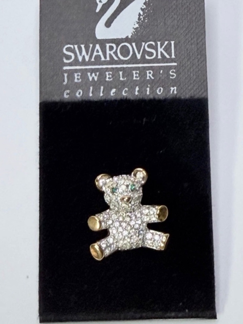 Swarovski Gold-Tone Teddy Bear Brooch with Clear Crystals and Green Eyes